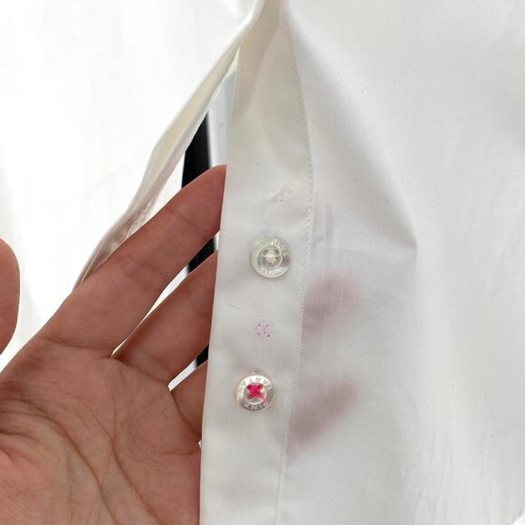 Pink Tartan White Collared Button Up Blouse Scalloped Hem Womens Medium Size 4 - Picture 5 of 6